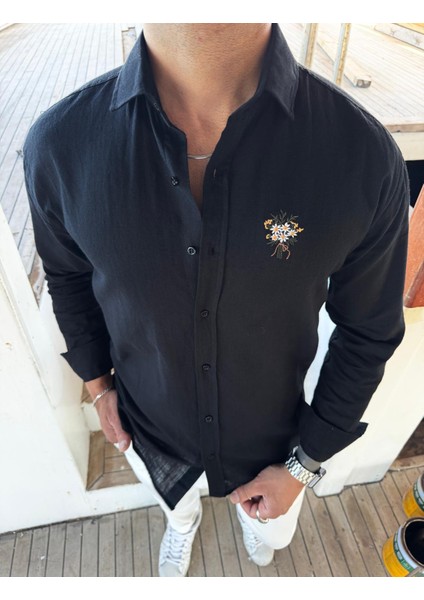 Çiçek Nakışlı Pamuk Keten Oversize Siyah Erkek Gömlek modelleri