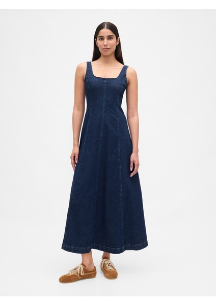 Kadın Lacivert Denim Kare Yaka Maxi Elbise