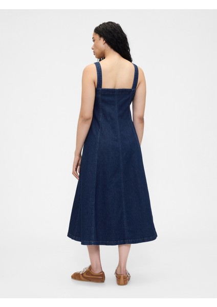 Kadın Lacivert Denim Kare Yaka Maxi Elbise modelleri