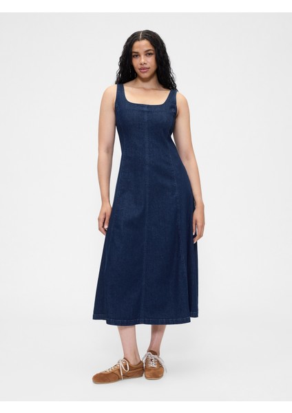 Kadın Lacivert Denim Kare Yaka Maxi Elbise fırsatları