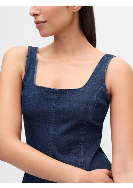 Kadın Lacivert Denim Kare Yaka Maxi Elbise indirimleri