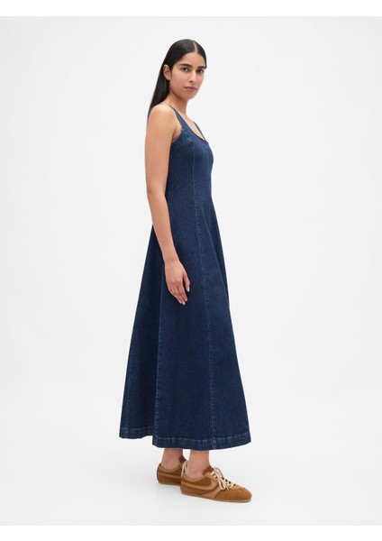 Kadın Lacivert Denim Kare Yaka Maxi Elbise