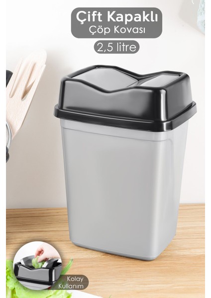 Gri Çift Kapaklı Kelebek Çöp Kovası, 2,5 Litre, Tezgah Üstü, Banyo Mutfak Ofis