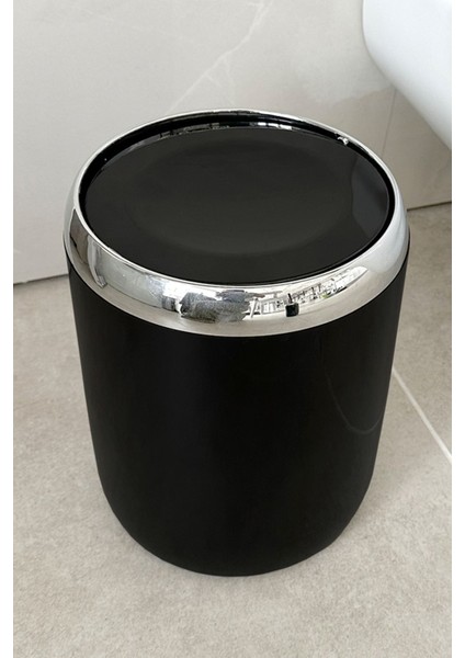 Krom Dekorlu Siyah Döner Kapaklı Çöp Kovası 6 Lt, Banyo ve Ofis Için Şık Seçenek