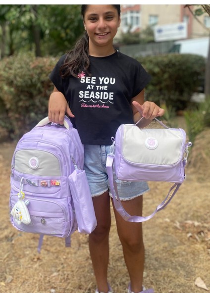 Kız Çocuk Ilköğretim Çantası Ultra Hafif Ilkokul / Ortaokul Okul 3 Lü Çanta Seti Pembe-Lila -Gri