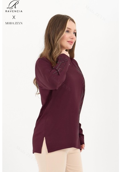 Kadın Orta Yaş ve Üzeri Viskon Şerit Desen Taşlı Işlemeli Likralı Koyu Bordo Anne Penye Bluz fiyatları