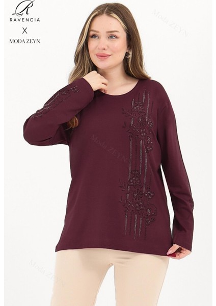 Kadın Orta Yaş ve Üzeri Viskon Şerit Desen Taşlı Işlemeli Likralı Koyu Bordo Anne Penye Bluz