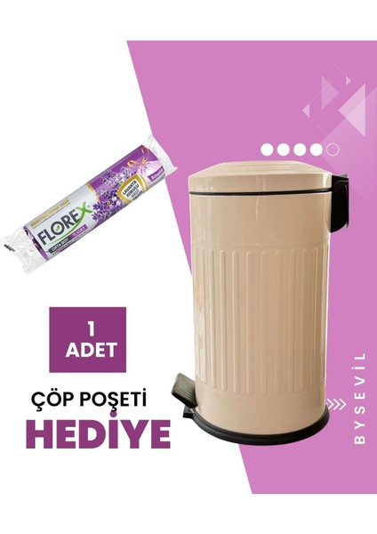Krem Renkli 16 Lt Pedallı Çöp Kovası, Amortisörlü Kapak, Silinebilir Yüzey
