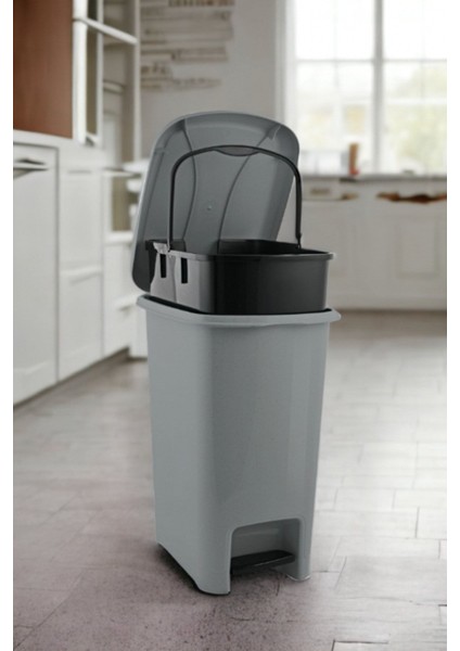 Gri 12,5 Litre Pedallı Çöp Kovası, Slim, Iç Kovalı, Metalik Tasarım