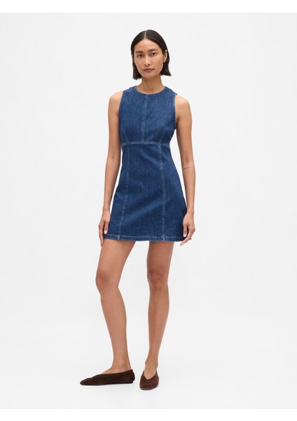 Kadın Koyu Mavi Denim Mini Shift Elbise