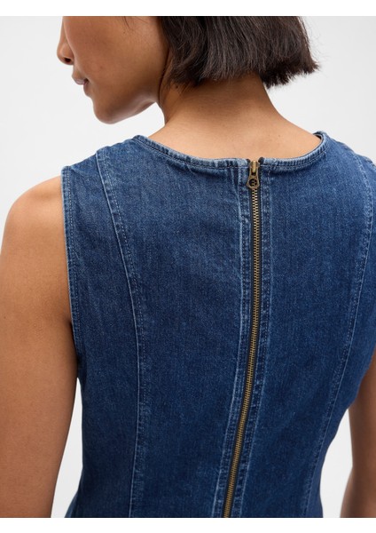 Kadın Koyu Mavi Denim Mini Shift Elbise modelleri