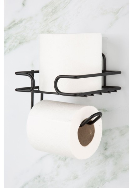 Yapışkanlı Yedekli Tuvalet Kağıtlığı, Mat Siyah, Pratik ve Şık Tasarım
