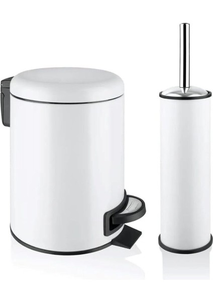 Beyaz Paslanmaz Ikili Pedallı Çöp Kovası ve Klozet Fırçası Seti 3 Lt
