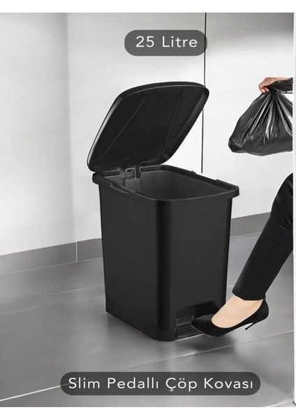 Iki Adet Slim Pedallı Çöp Kovası, 15-25 Litre, Şık Siyah Renk