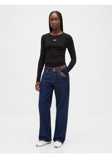 Kadın Siyah Modern Fitilli Logo Crop T-Shirt indirimleri