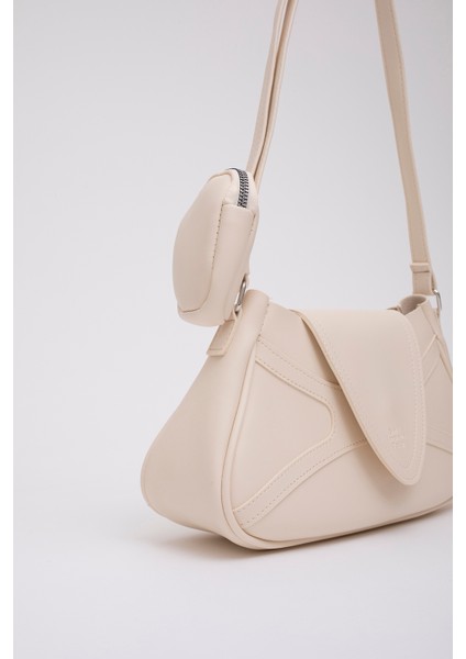 Krem Shk96 Suni Deri Tek Bölmeli Cüzdanlı Kol ve Omuz Çantası