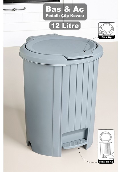 Pratik Pedallı Çöp Kovası 12L, Banyo ve Mutfak Için Gri Renk