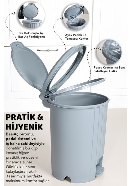 Pratik Pedallı Çöp Kovası 12L, Banyo ve Mutfak Için Gri Renk modelleri