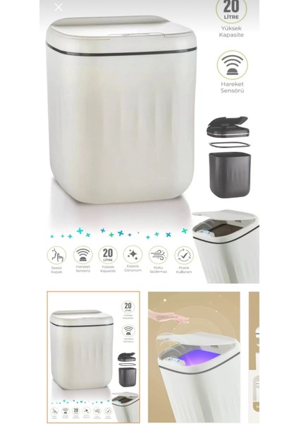 Sensörlü 20L Çöp Kovası, Uv Işık, Antibakteriyel, Koku Geçirmez, Ergonomik Tasarım