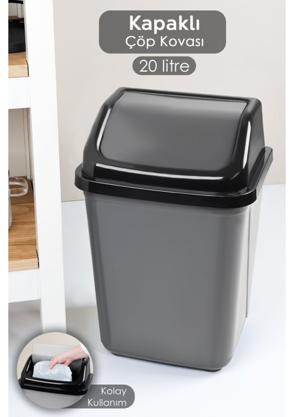 Gri Kapaklı Plastik Çöp Kovası, 20 Litre, Ev, Ofis, Banyo, Mutfak Kullanımına Uygun