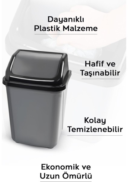 Gri Kapaklı Plastik Çöp Kovası, 20 Litre, Ev, Ofis, Banyo, Mutfak Kullanımına Uygun modelleri
