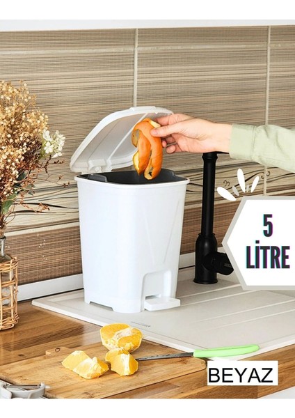 5 Litre Beyaz Kare Pedallı Çöp Kovası, Mutfak, Banyo ve Ofis Için Şık ve Pratik