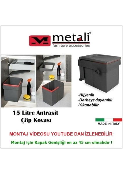 Kokusuz, 15 Lt, Antrasit Renkli, Dolap Içi Çöp Kovası, Geniş Kapak, Minimal Tasarım fırsatları