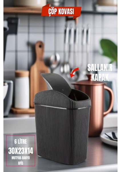 6 Lt Siyah Çok Amaçlı Çöp Kovası, Mutfak, Banyo, Ofis Için Kullanışlı ve Şık