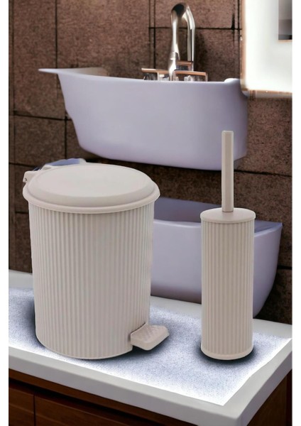 Bej Pedallı Çöp Kovası ve Klozet Fırçası Seti