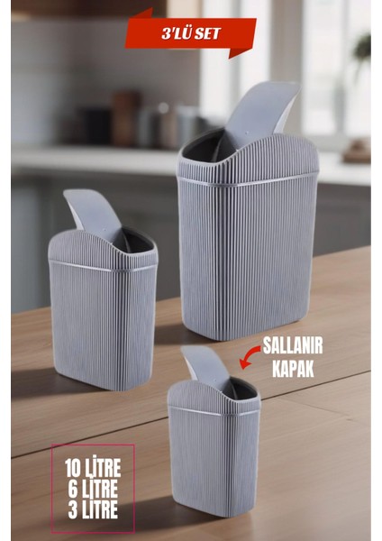 3'lü Gri Çöp Kutusu Seti, Mutfak, Banyo, Ofis Için Pratik ve Şık Tasarım