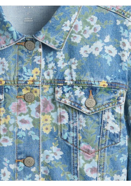 Kız Çocuk Çiçek Desenli Balloon-Sleeve Floral Denim Ceket modelleri