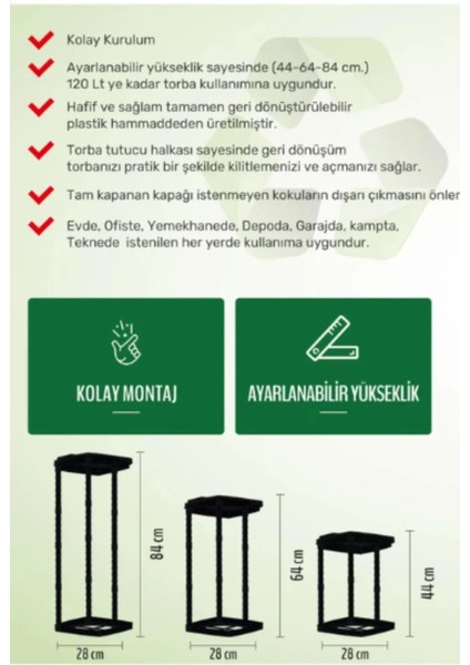 Yükseklik Ayarlı Katlanabilir Dış Mekan Geri Dönüşüm Kovası, Portatif ve Pratik Kullanım