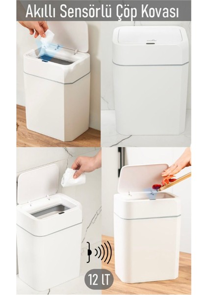 Sensörlü Hijyenik Sessiz Kapaklı Çöp Kutusu, Beyaz, Pratik ve Şık Tasarım