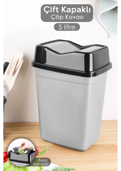 Gri Çift Kapaklı Kelebek Çöp Kovası 5 Litre, Şık ve Kullanışlı Tezgah Üstü Tasarım