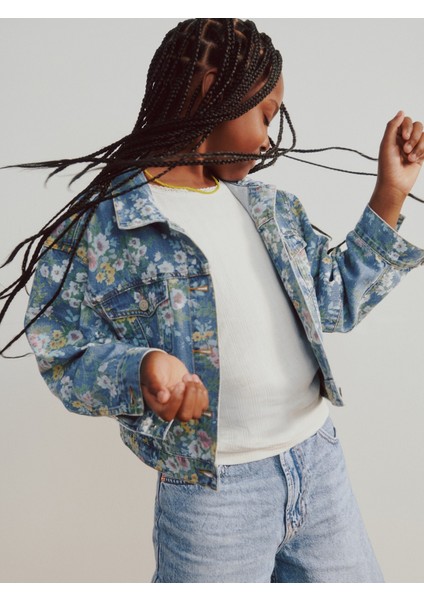 Kız Çocuk Çiçek Desenli Balloon-Sleeve Floral Denim Ceket