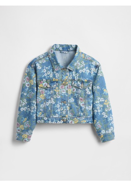 Kız Çocuk Çiçek Desenli Balloon-Sleeve Floral Denim Ceket