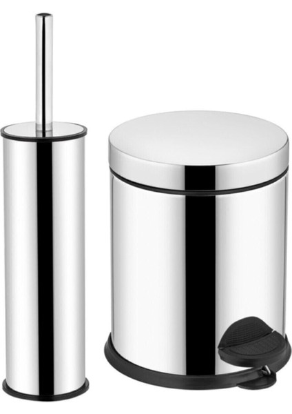 Krom 2'li 3l Pedallı Çöp Kovası ve Wc Klozet Fırça Seti Bej Renk