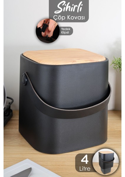 Ahşap Görünümlü 4lt Siyah Tezgah Üstü Çöp Kovası, Akıllı Kapak ve Saplı