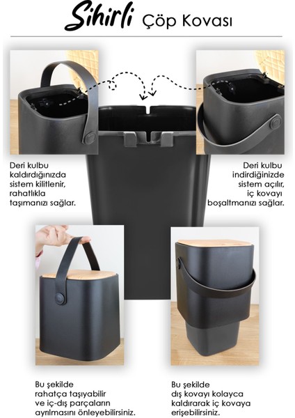 Ahşap Görünümlü 4lt Siyah Tezgah Üstü Çöp Kovası, Akıllı Kapak ve Saplı fiyatları