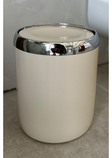 Şık Bej Krom Dekorlu Döner Kapaklı 6 Lt Çöp Kovası, Ofis ve Mutfak Için Ideal