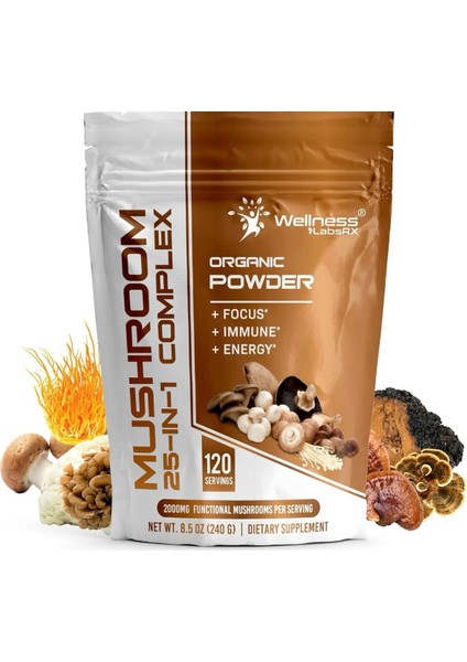 Organic Powder Mushroom 25-In-1 Complex 120 Servis Net Wt 8.5 Oz 240 gr