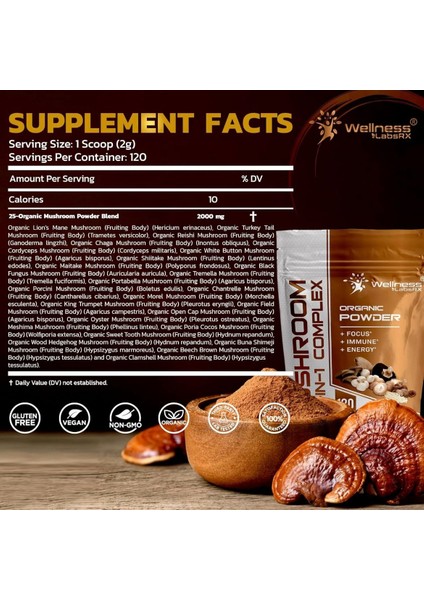 Organic Powder Mushroom 25-In-1 Complex 120 Servis Net Wt 8.5 Oz 240 gr fiyatları