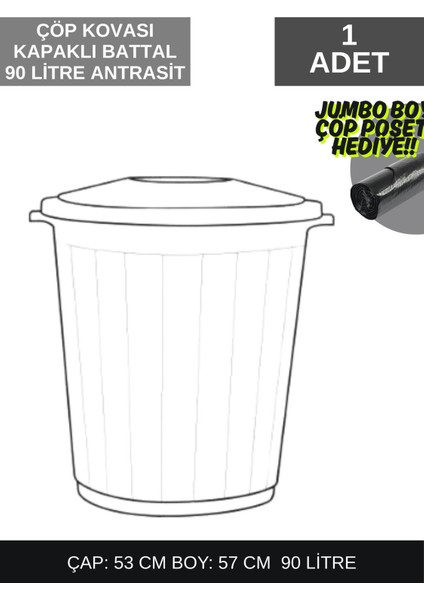 Koyu Antrasit 90 Litre Jumbo Kapaklı Çöp Kovası Hediye Poşetli fiyatları