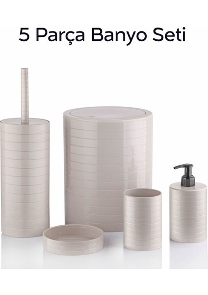 Bej Modern Çizgili 5 Parça Banyo Seti: Sabunluk, Fırça, Kova, Sıvı Sabunluk, Diş Fırçalık