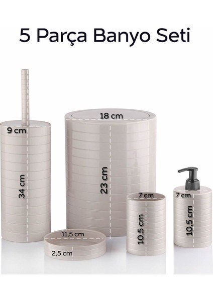 Bej Modern Çizgili 5 Parça Banyo Seti: Sabunluk, Fırça, Kova, Sıvı Sabunluk, Diş Fırçalık fiyatları