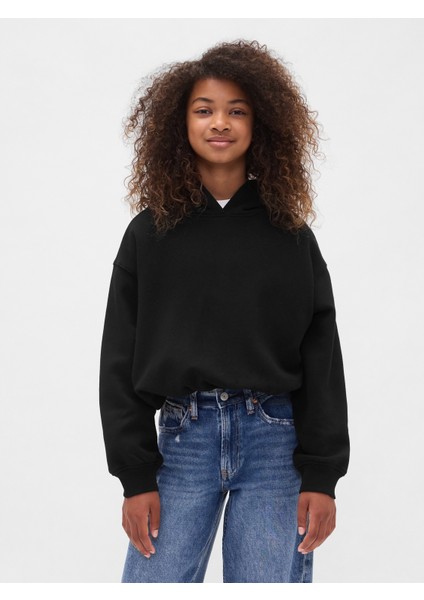 Kız Çocuk Siyah Vintage Soft Oversized Bubble Sweatshirt