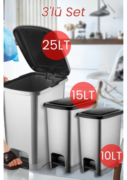 Gri Pedallı Çöp Kovası Seti, 3'lü, 10-15-25 Litre Seçenekleri