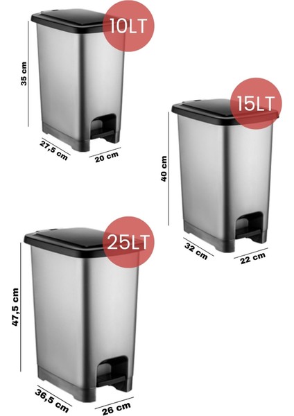Gri Pedallı Çöp Kovası Seti, 3'lü, 10-15-25 Litre Seçenekleri modelleri