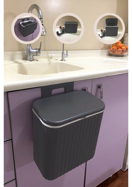 Antrasit Gri Çizgili 15 Lt Mutfak Çöp Kovası, Tezgah ve Raf Içi Kullanım