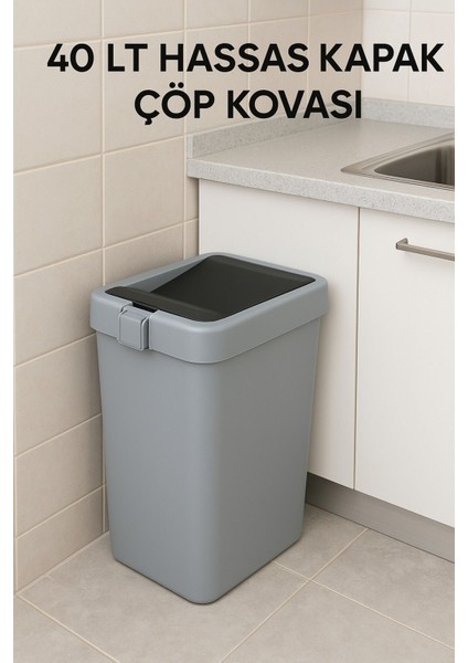Gri 40 Lt Çöp Kovası, Hassas Kapaklı, Pratik Kullanım